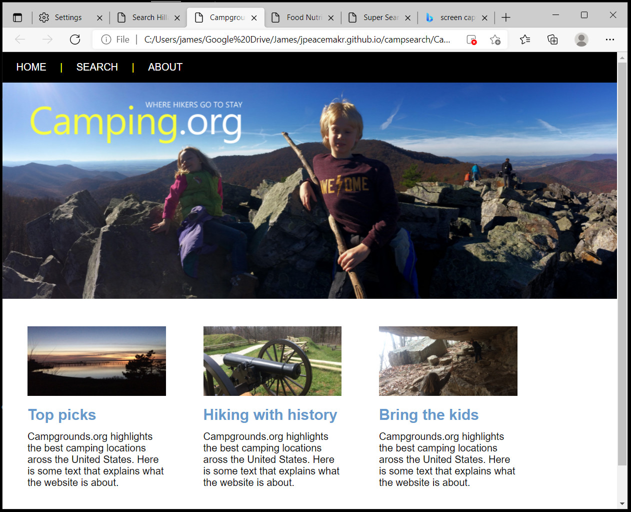 This was a class project using Next.js that searched for and displayed information about various campgrounds across the United States.