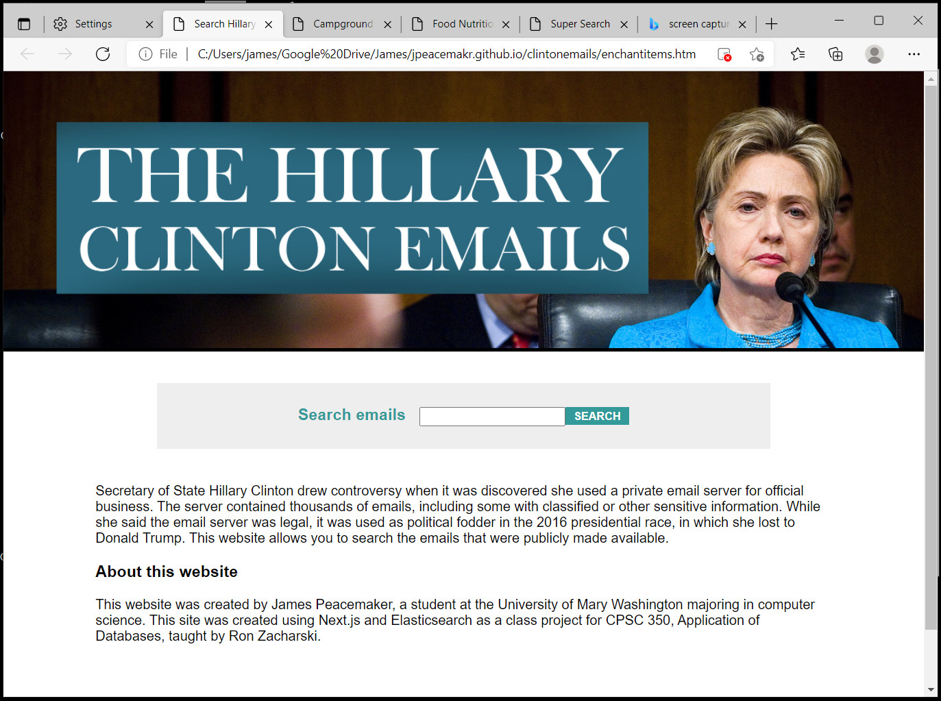 This was a class project using Next.js and Elasticsearch that allowed users to search messages that were on Hillary Clinton's private email server that became political fodder in the 2016 election.