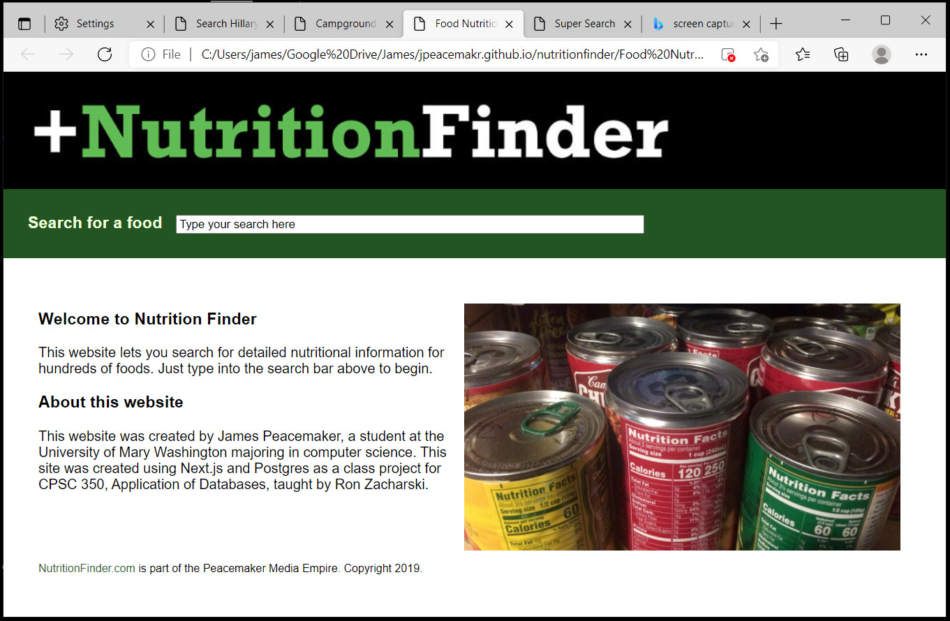 This was a class project using Next.js that allowed users to search a database of nutritional information.