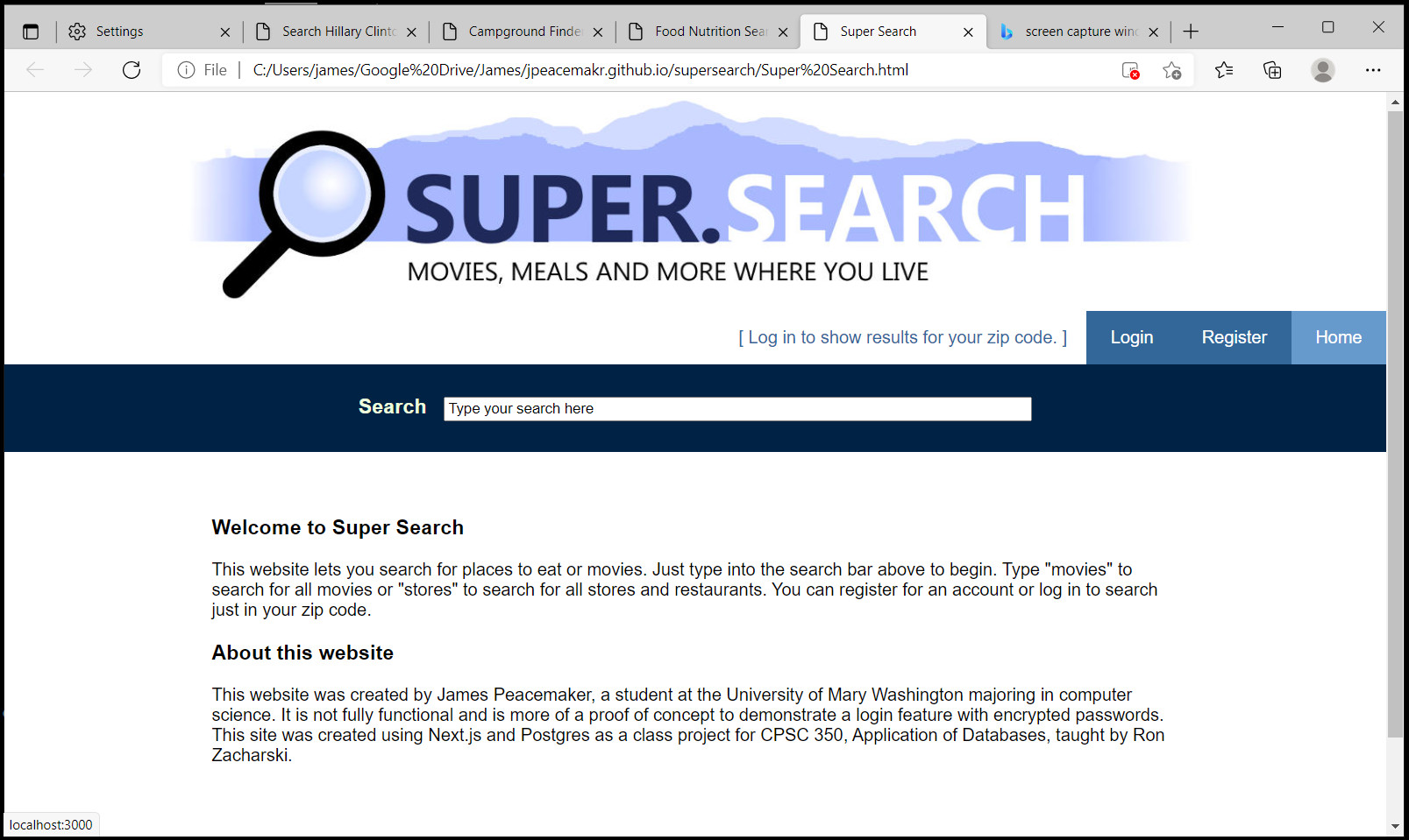 This was a class project using Next.js that allowed users to log in and search for places to eat and movie theaters in their zip code.